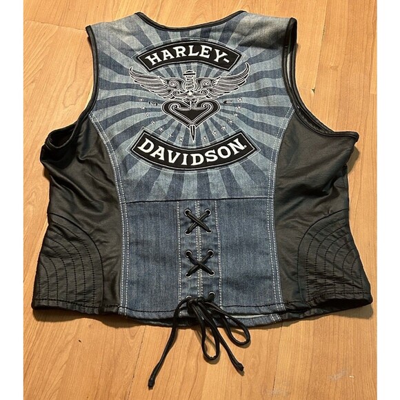 Harley-Davidson Women’s Denim Leather Vest XL Zip Up Embroidered Biker Riding - Picture 1 of 6
